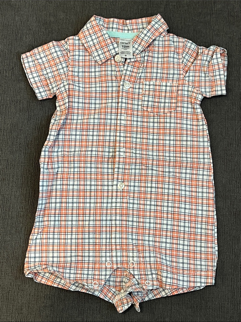 Carter's 12M Coral & Grey Plaid Button Romper